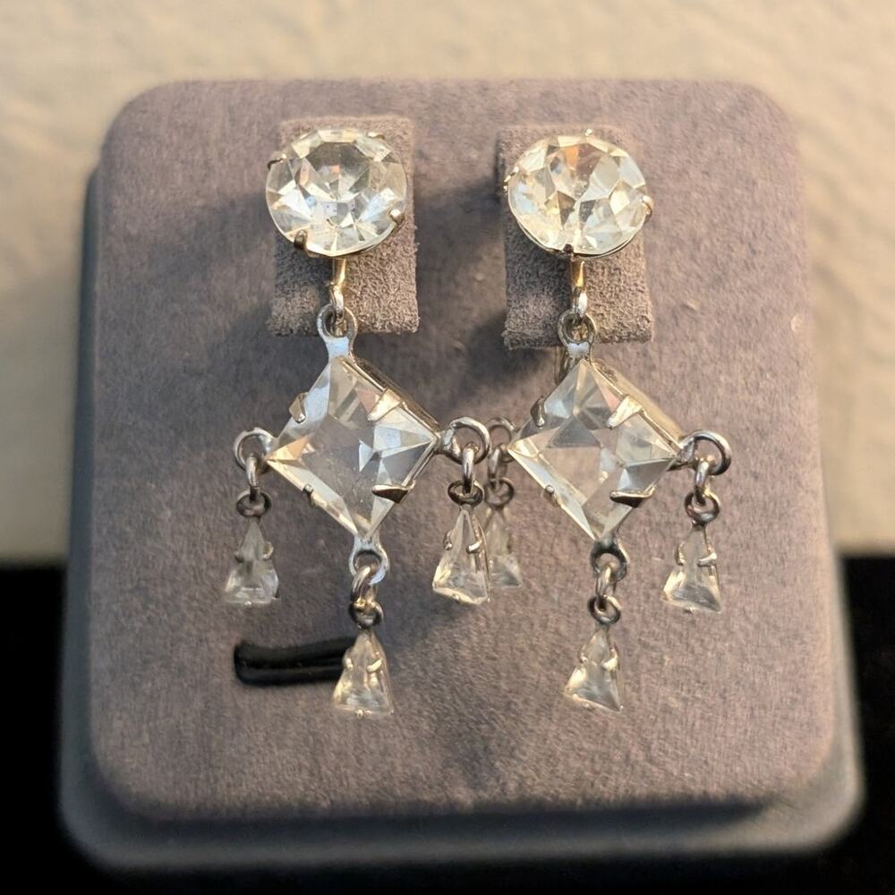 Vintage/Antique Dorsons 12K GF Silver Tone Crystal Dangle Screw Back Earrings